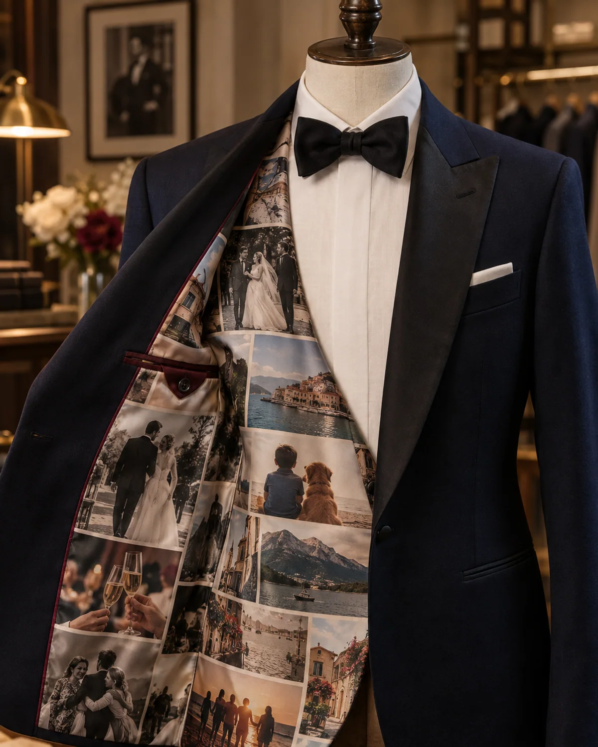 Bespoke navy tuxedo opened to reveal a personalized photo collage lining